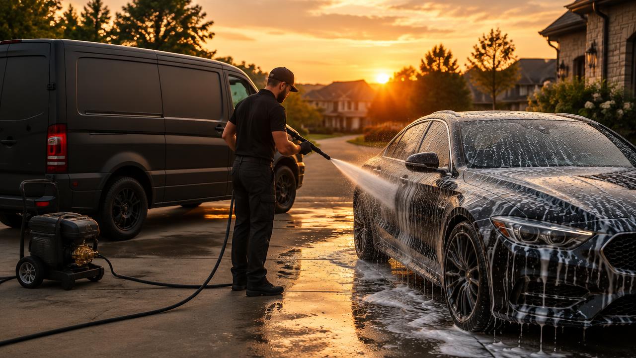 Detailer foam-washing a dark sedan beside a black work van